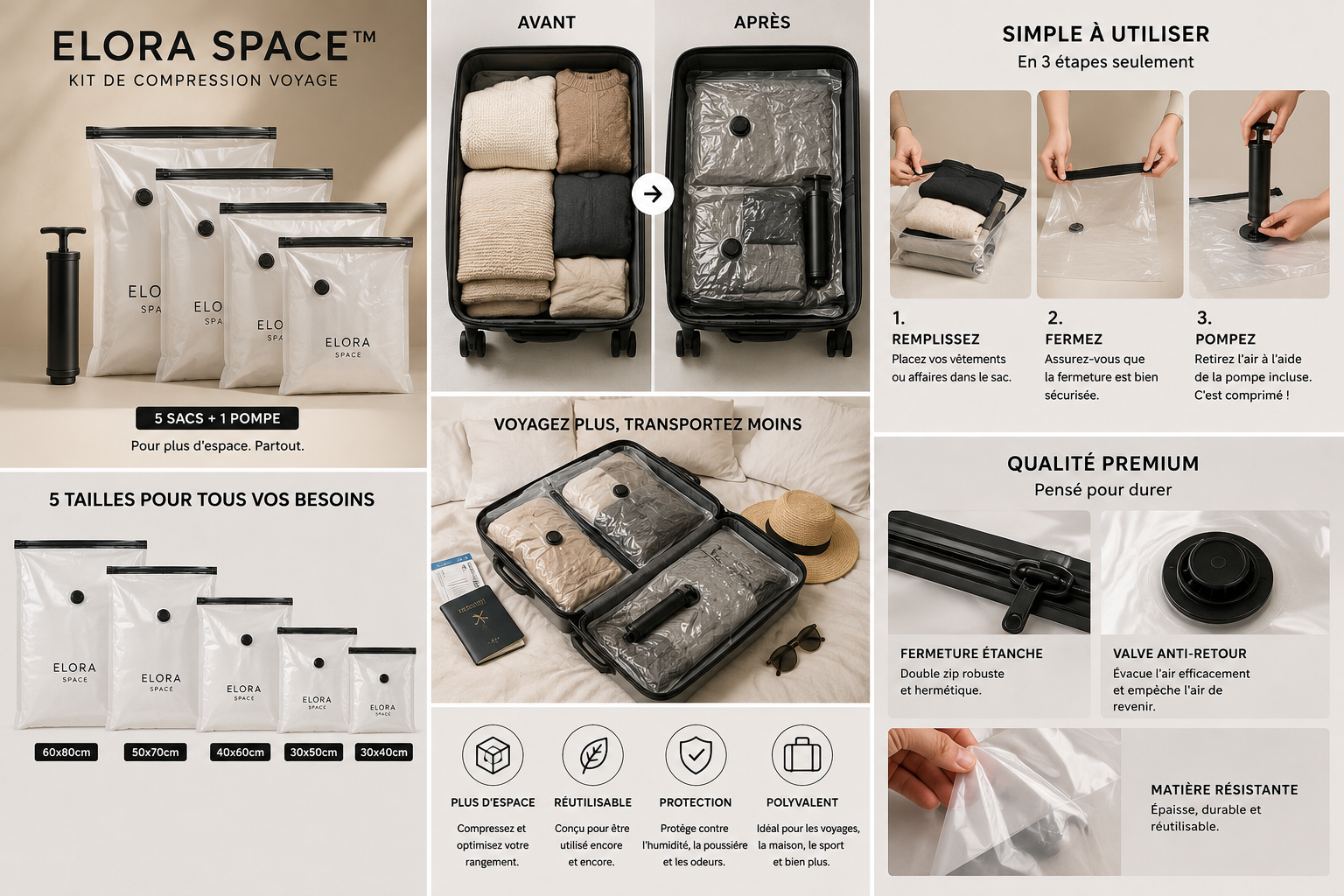 20 sacs de rangement sous vide avec pompe - Gain de place